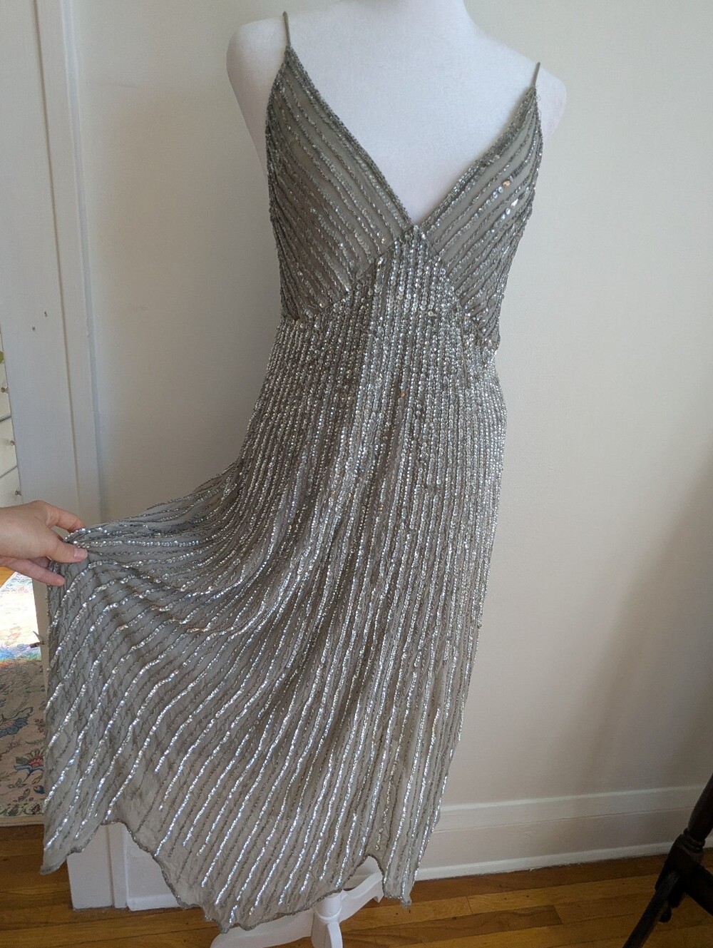 VTG 90s Stenay Midi Silk Sequined Backless Asymmetrical Fairy Evening Dress